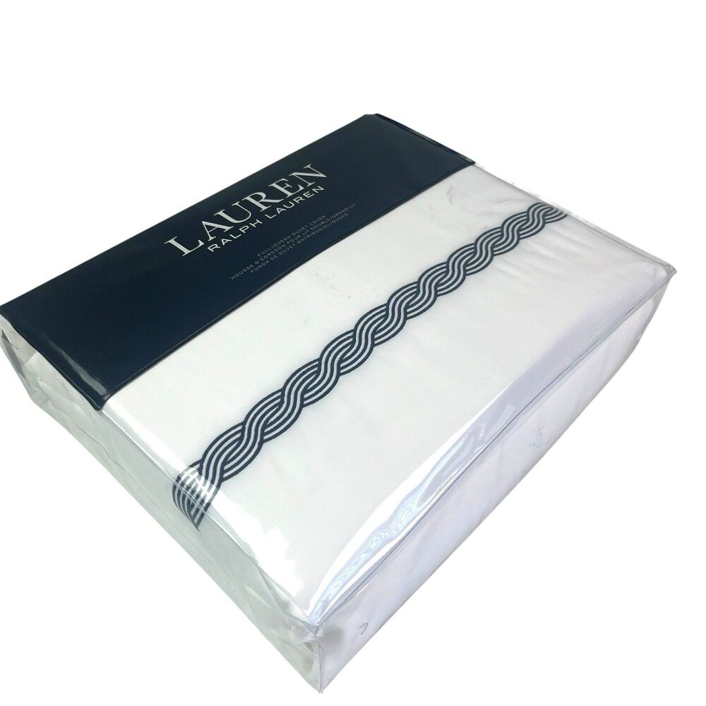 Ralph Lauren Spencer Cable Embroidered Queen Duvet Cover White Navy Cotton NEW